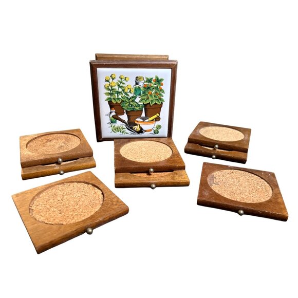 Vtg Wooden Cork Drink Coasters in Wooden Box Ceramic Lid Flowers Planting - Picture 2 of 7